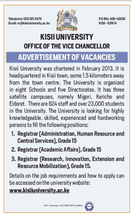 Advertisement of Vacancies(Registrar[Adminstration,Human Resource and Central Services],Registrar[Academics],Registrar[Research,Innovation,Extension and Resource Mobilization])